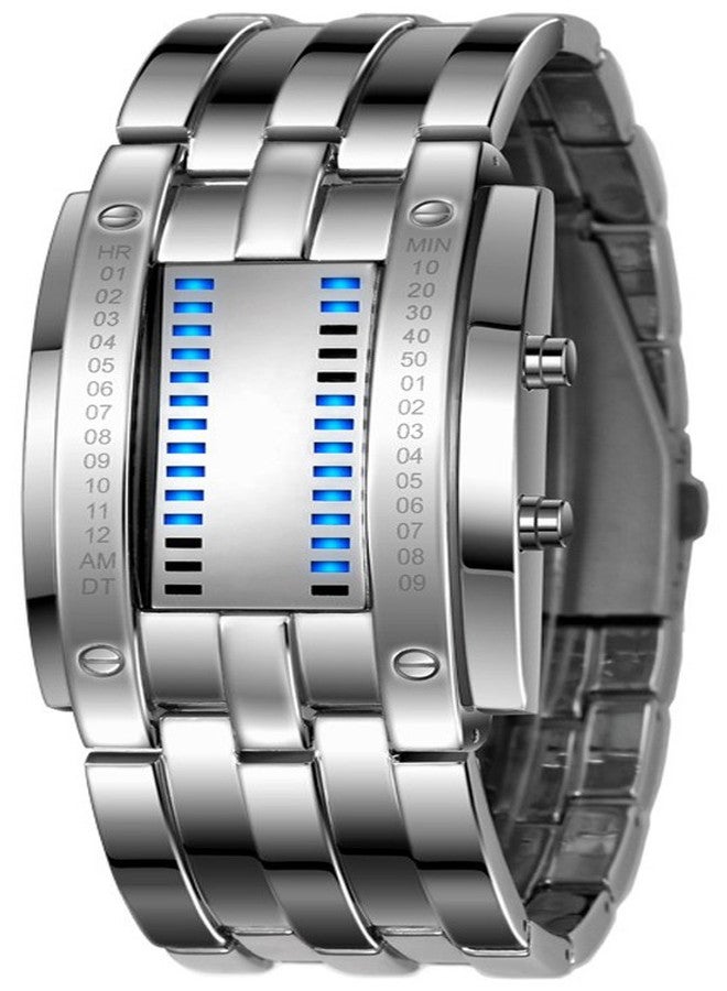 Fanmis Binary Matrix Blue LED Digital Waterproof Watch Mens Classic Creative Fashion Silver Wrist Watches (Silver Blue) - Image 1